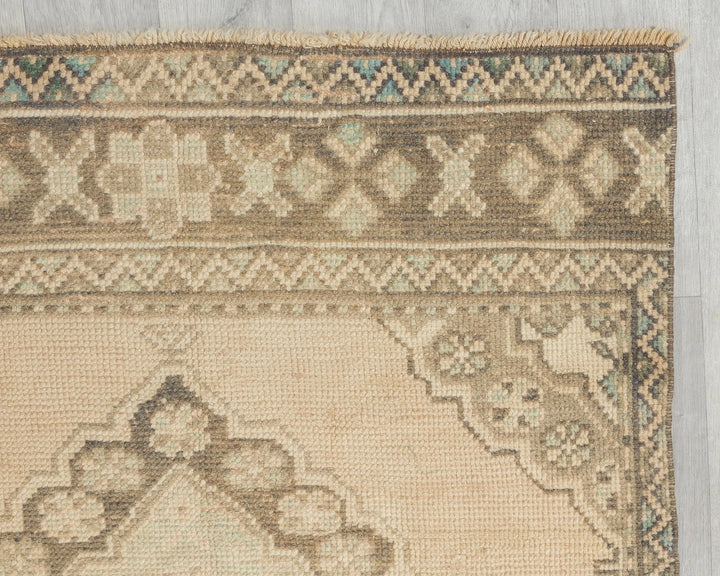Beige Turkish Oushak Rug 3' 1" x 10' 10" Hand-Knotted pattern