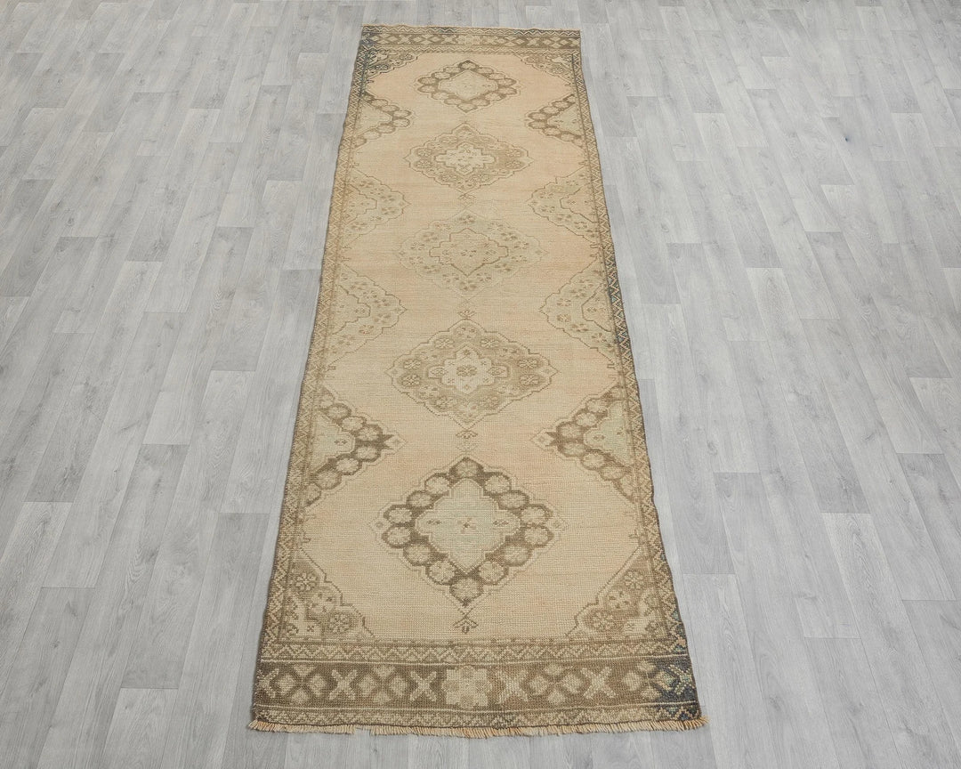 Beige Turkish Oushak Rug 3' 1" x 10' 10" Hand-Knotted reverse