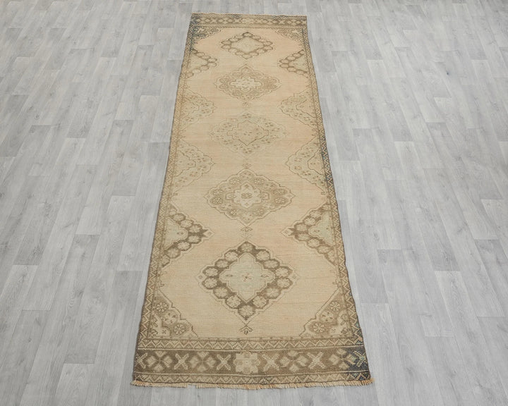 Beige Turkish Oushak Rug 3' 1" x 10' 10" Hand-Knotted reverse