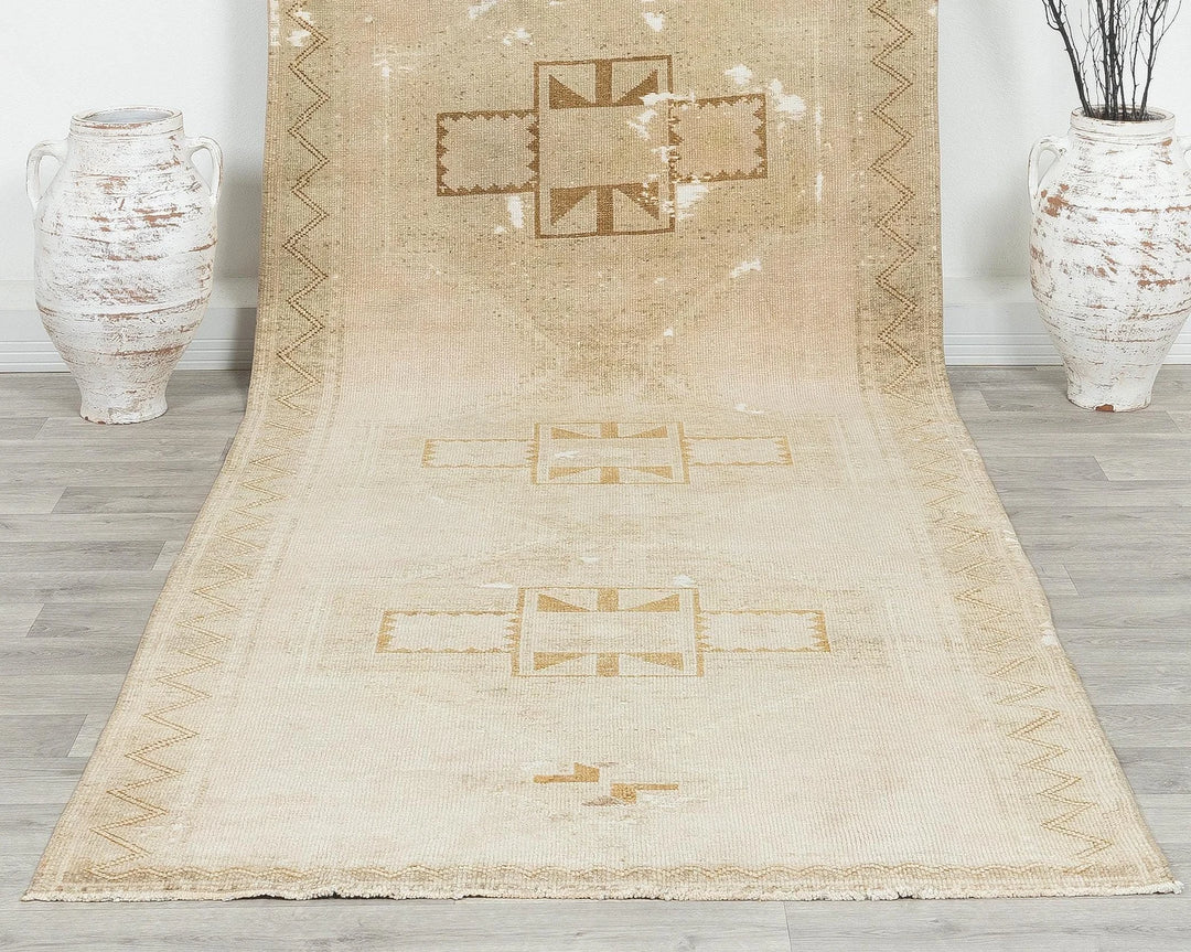 Beige Turkish Oushak Rug 4' 2" x 12' 10" Hand-Knotted | No. VR40889