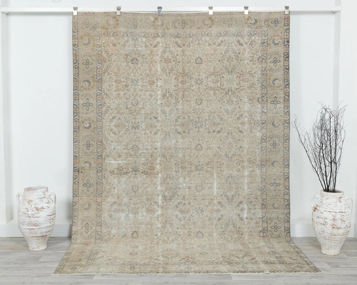 Beige Turkish Oushak Rug 6'8" x 9'5" Hand-Knotted | No. VR43221