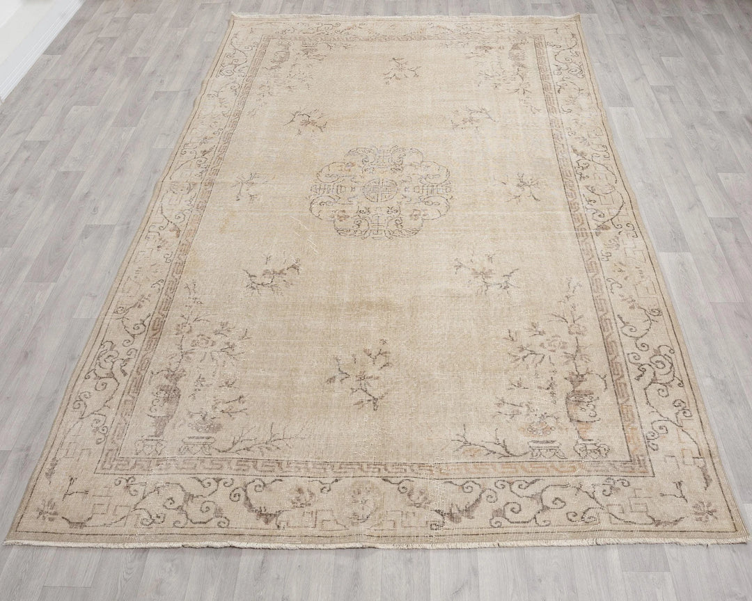 Beige Turkish Oushak Rug 6' 7" x 9' 11" Hand-Knotted | No. VR43658