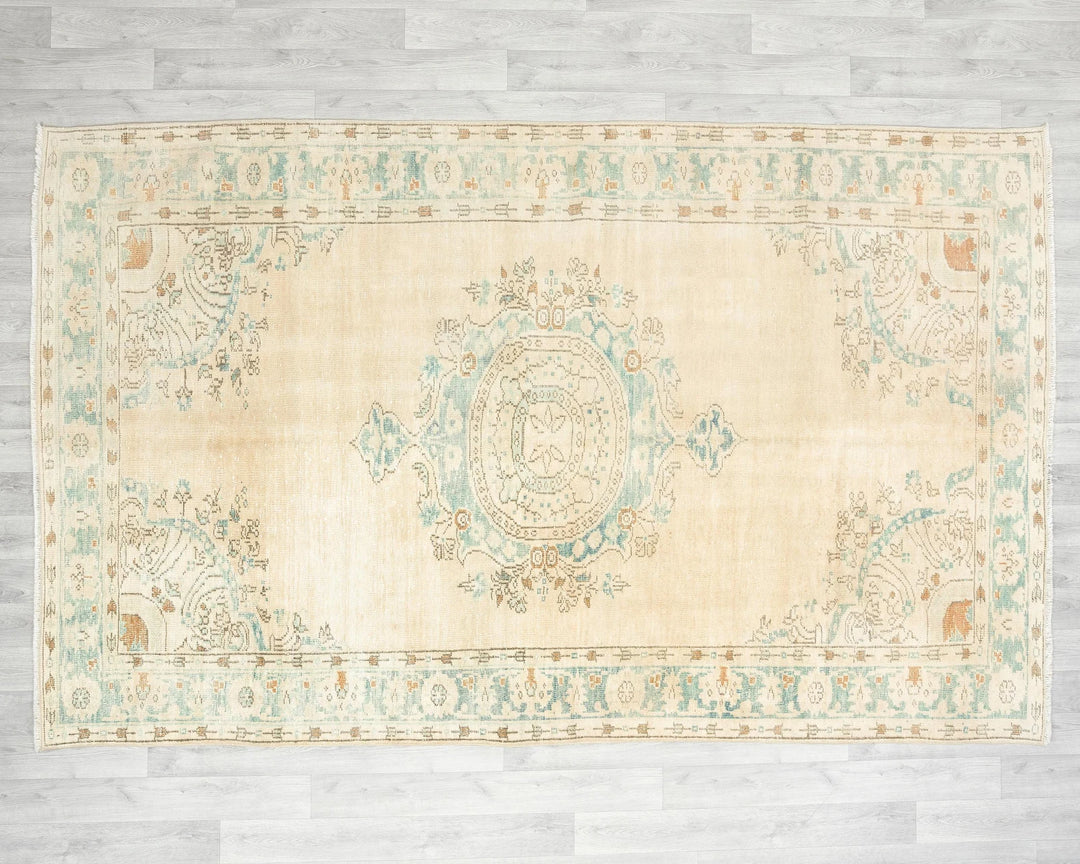 Beige Turkish Oushak Rug 9' 6" x 6' 1" Hand-Knotted | No. VR47085