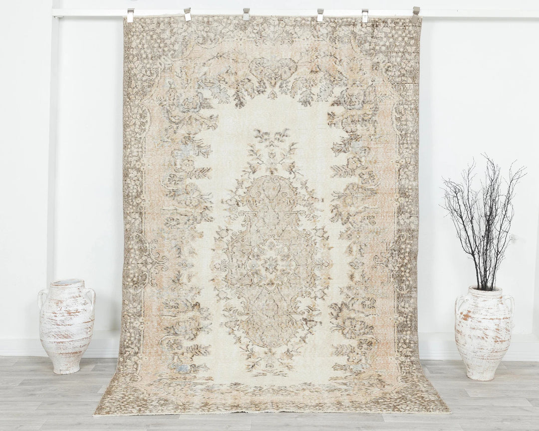 Beige Turkish Oushak Rug 5' 11" x 9' 1" Hand-Knotted