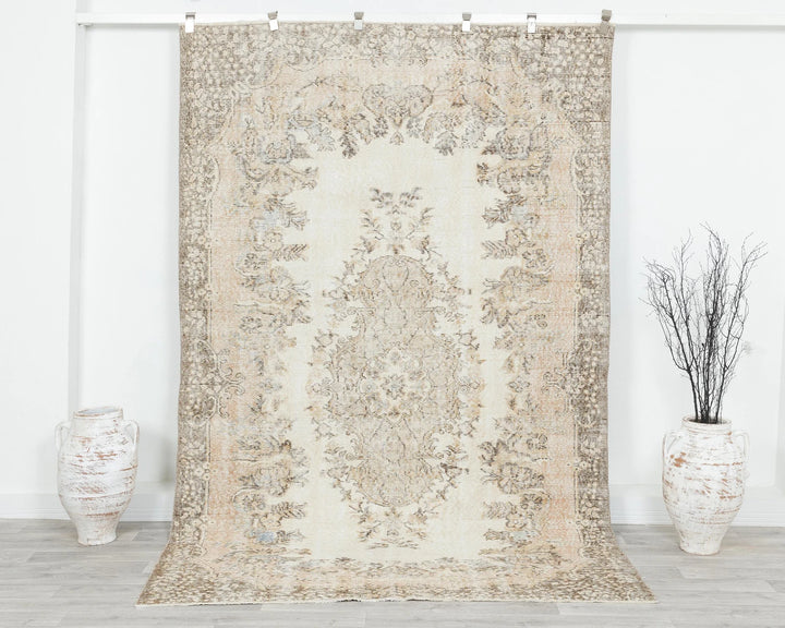 Beige Turkish Oushak Rug 5' 11" x 9' 1" Hand-Knotted