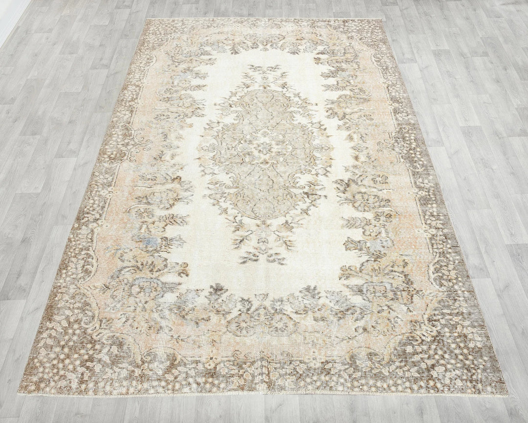 Beige Turkish Oushak Rug 5' 11" x 9' 1" Hand-Knotted reverse