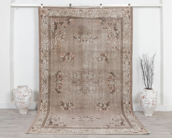 Beige Turkish Oushak Rug 6'1" x 9'8" Hand-Knotted | No. VR51554
