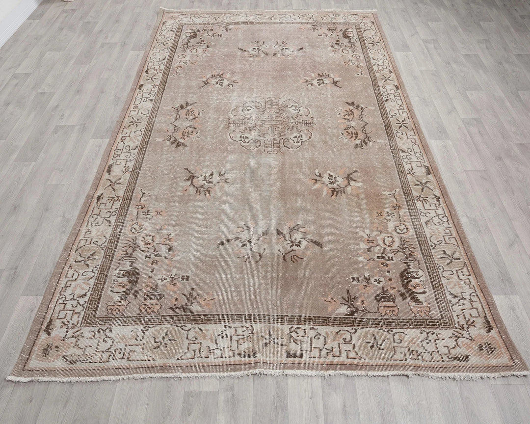 Beige Turkish Oushak Rug 6'1" x 9'8" Hand-Knotted | No. VR51554