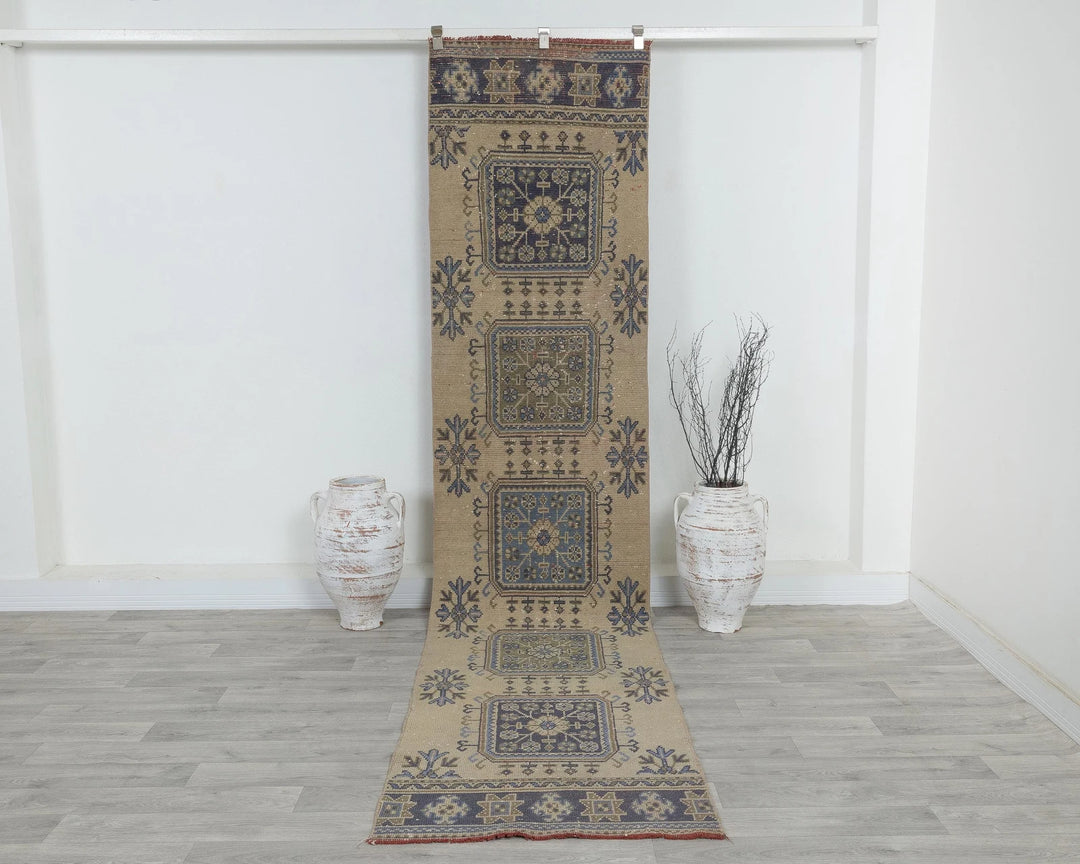 Beige Turkish Oushak Rug 2'7" x 11'4" Hand-Knotted