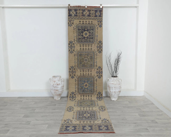 Beige Turkish Oushak Rug 2'7" x 11'4" Hand-Knotted