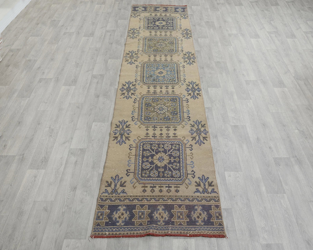 Beige Turkish Oushak Rug 2'7" x 11'4" Hand-Knotted reverse