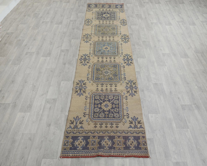 Beige Turkish Oushak Rug 2'7" x 11'4" Hand-Knotted reverse