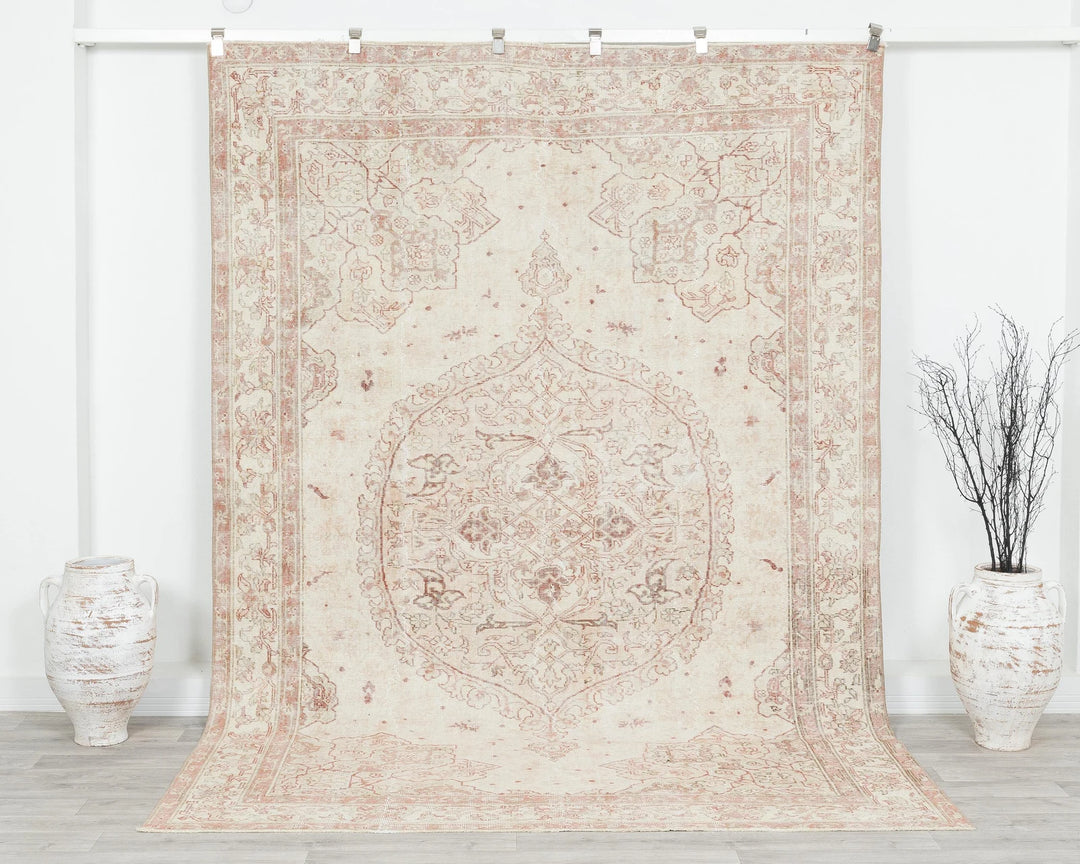 Beige Turkish Oushak Rug 6'7" x 9'7" Hand-Knotted | No. VR54618