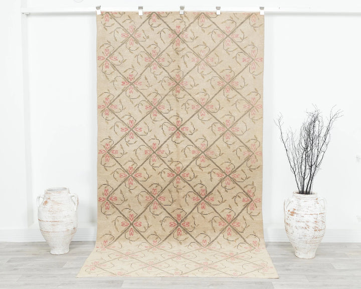 Beige Turkish Oushak Rug 4' 8" x 8' 10" Hand-Knotted | No. VR55154