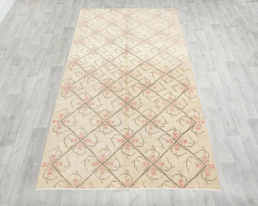 Beige Turkish Oushak Rug 4' 8" x 8' 10" Hand-Knotted | No. VR55154