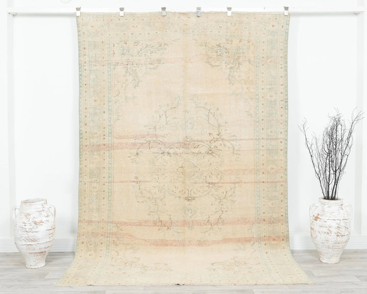 Beige Turkish Oushak Rug 8' 8" x 9' Hand-Knotted | No. VR55158