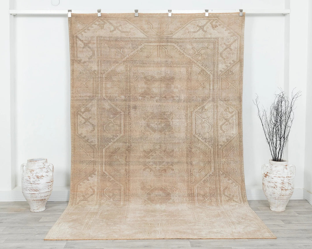 Beige Turkish Oushak Rug 6' 4" x 9' 8" Hand-Knotted