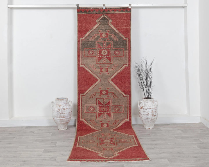 Red Turkish Oushak Rug 3' 1" x 10' 10" Hand-Knotted
