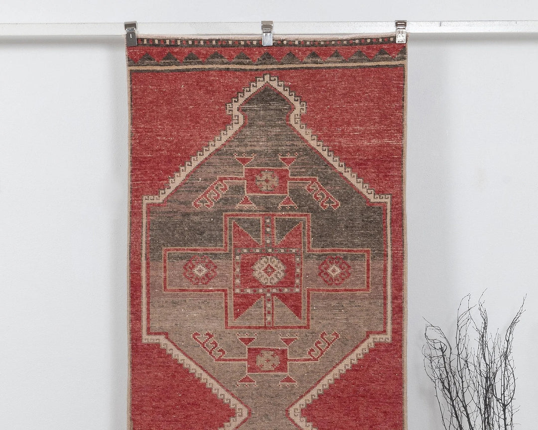 Red Turkish Oushak Rug 3' 1" x 10' 10" Hand-Knotted detail