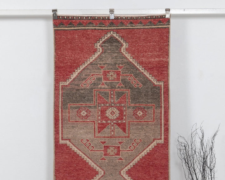 Red Turkish Oushak Rug 3' 1" x 10' 10" Hand-Knotted detail