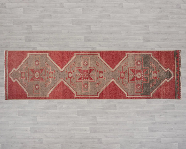 Red Turkish Oushak Rug 3' 1" x 10' 10" Hand-Knotted reverse