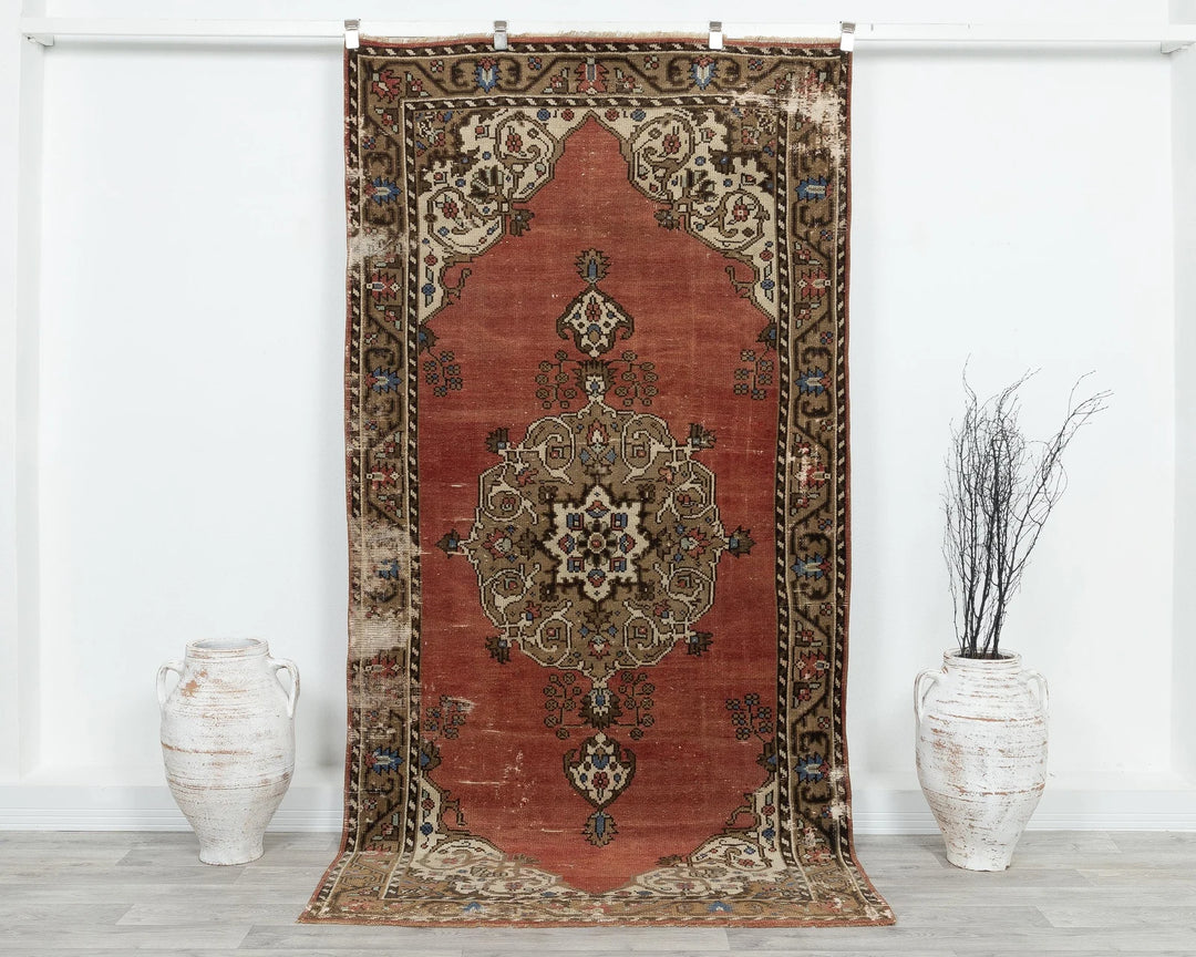 Red Turkish Oushak Rug 4' 3" x 8' 4" Hand-Knotted