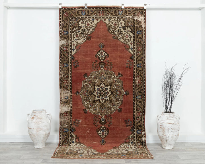 Red Turkish Oushak Rug 4' 3" x 8' 4" Hand-Knotted