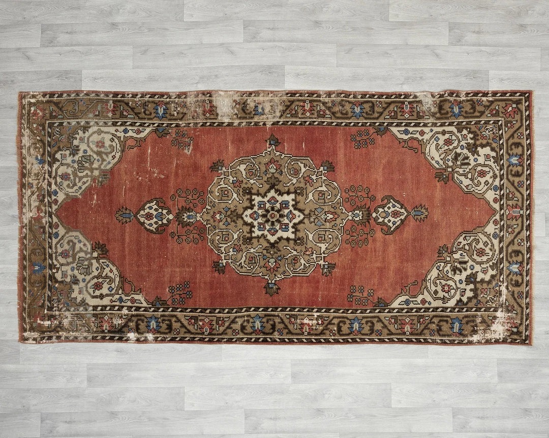 Red Turkish Oushak Rug 4' 3" x 8' 4" Hand-Knotted reverse