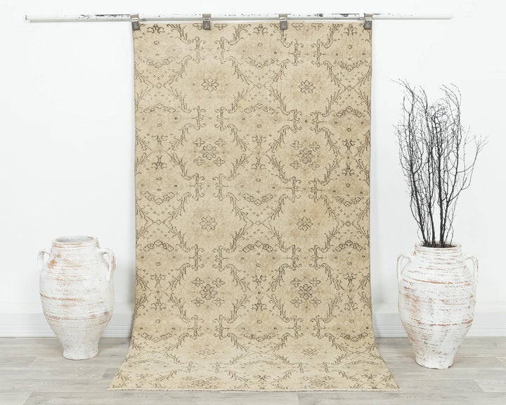 Beige Turkish Oushak Rug 6'9" x 3'8" Hand-Knotted | No. VR62430