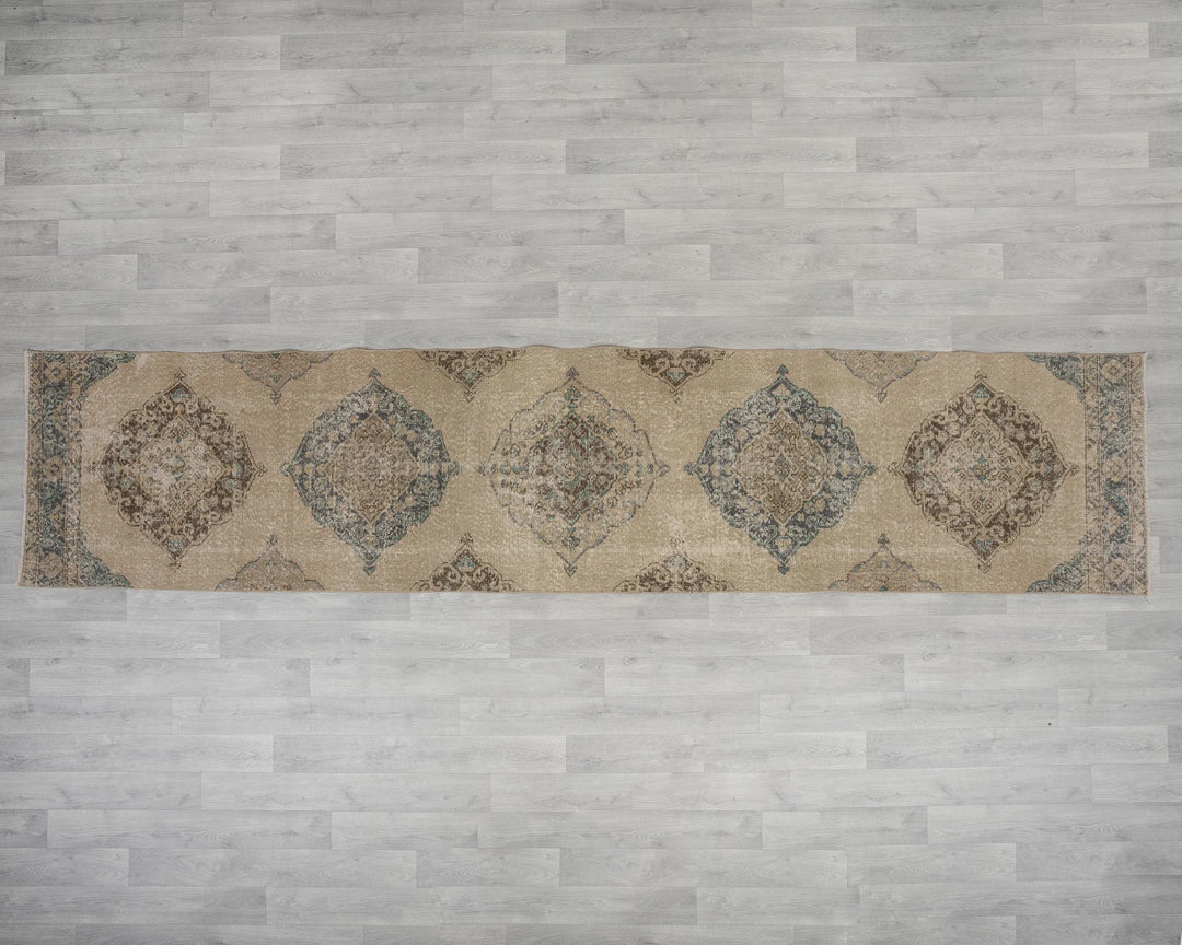 Blue Turkish Oushak Rug 2'7" x 12'6" Hand-Knotted reverse