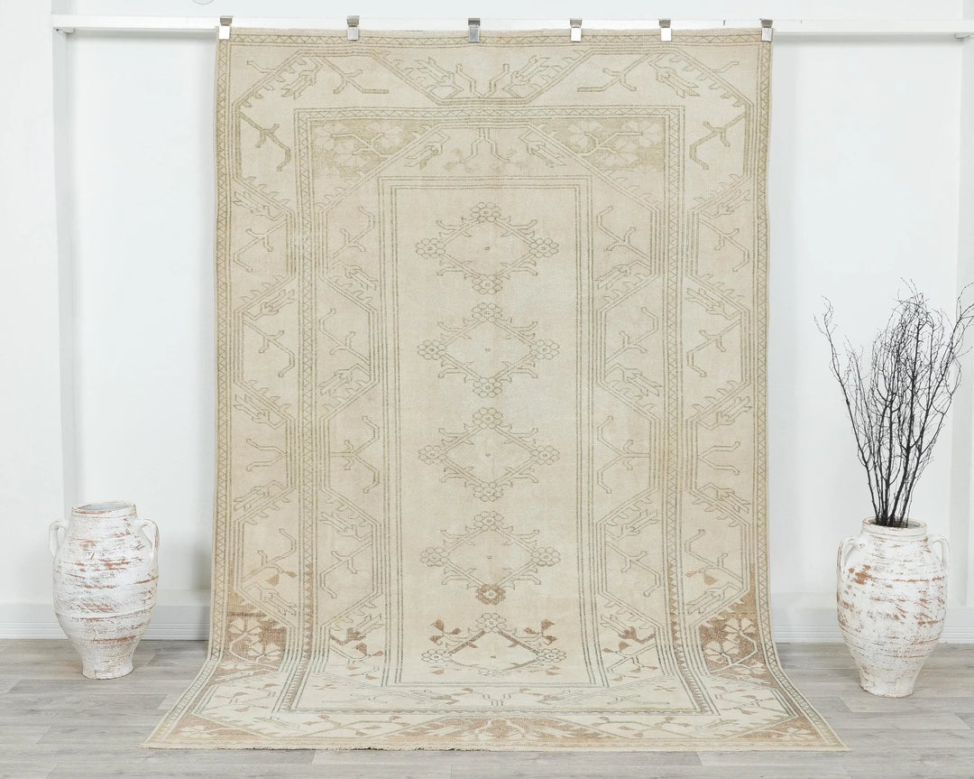 Beige Turkish Oushak Rug 5'11" x 9'2" Hand-Knotted | No. VR64043