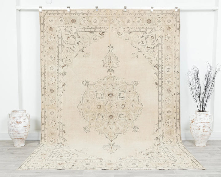 Beige Turkish Oushak Rug 7' 1" x 10' 2" Hand-Knotted | No. VR64341
