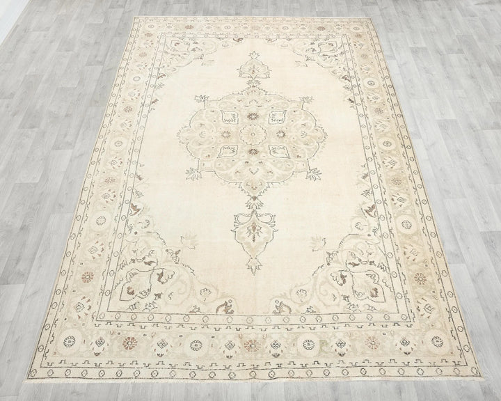 Beige Turkish Oushak Rug 7' 1" x 10' 2" Hand-Knotted | No. VR64341