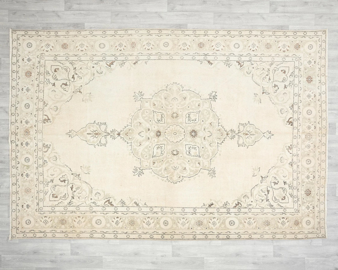 Beige Turkish Oushak Rug 7' 1" x 10' 2" Hand-Knotted | No. VR64341