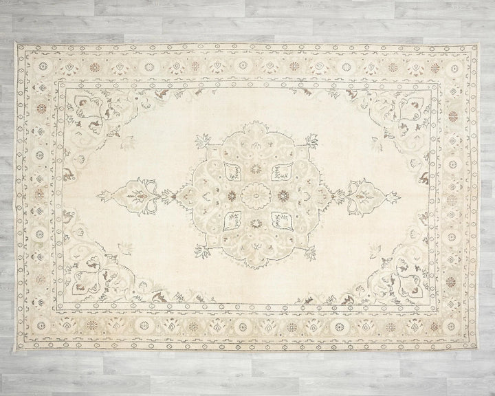 Beige Turkish Oushak Rug 7' 1" x 10' 2" Hand-Knotted | No. VR64341