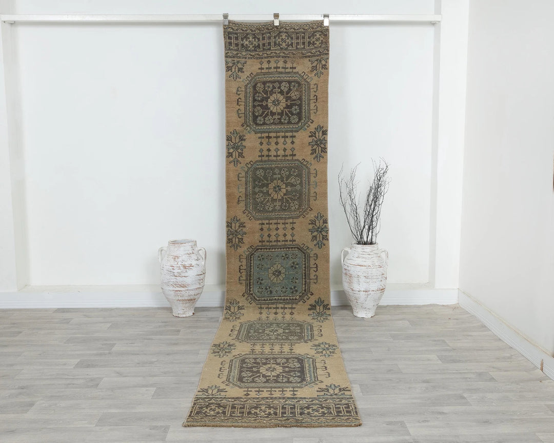 Beige Turkish Oushak Rug 2'6" x 11'10" Hand-Knotted