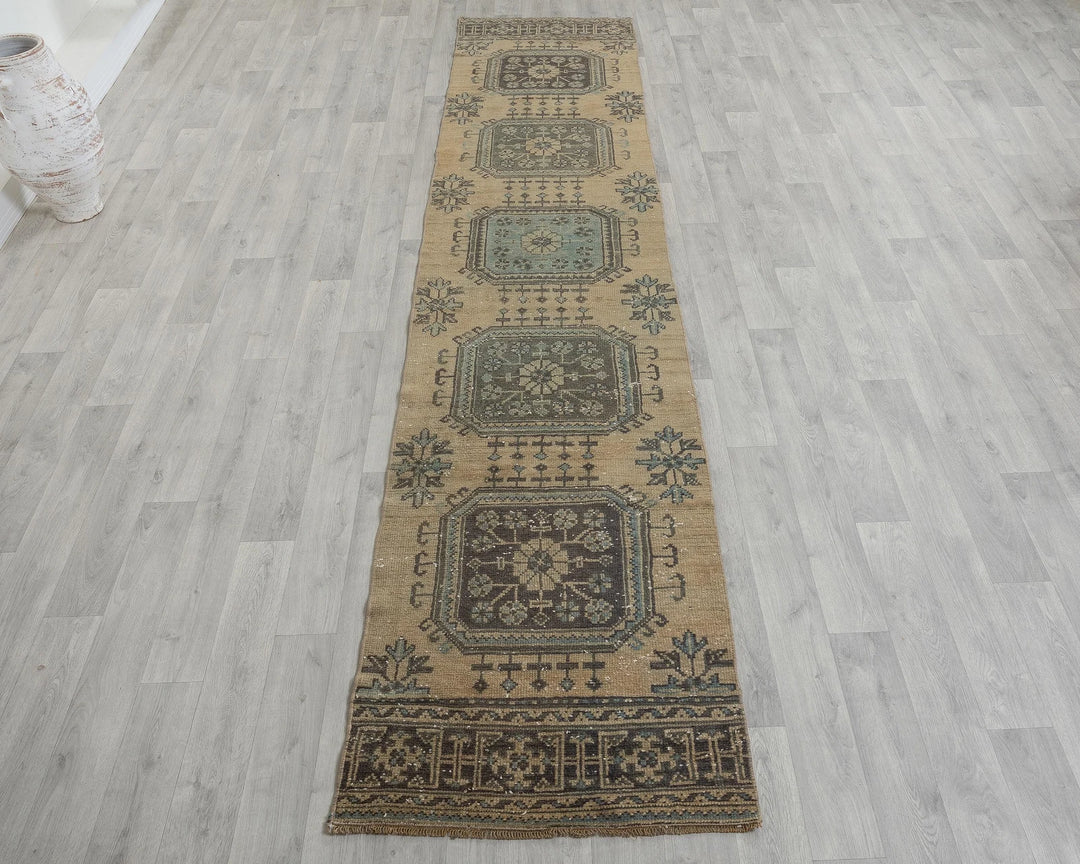 Beige Turkish Oushak Rug 2'6" x 11'10" Hand-Knotted reverse