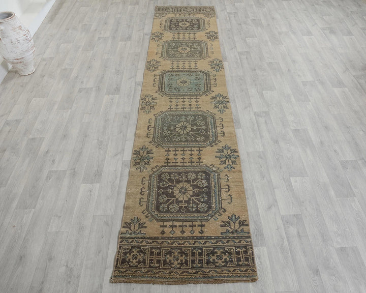 Beige Turkish Oushak Rug 2'6" x 11'10" Hand-Knotted reverse