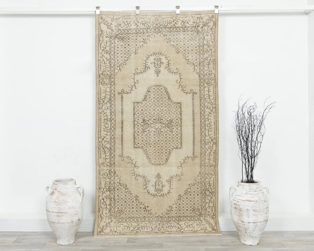 Beige Turkish Oushak Rug 6'9" x 3'9" Hand-Knotted | No. VR64995