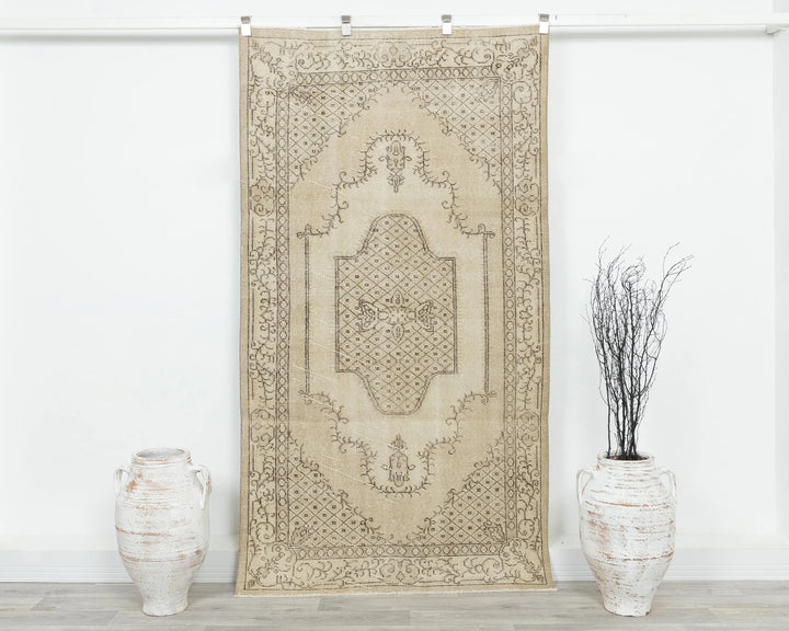 Beige Turkish Oushak Rug 6'9" x 3'9" Hand-Knotted | No. VR64995