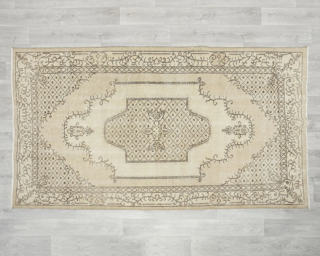 Beige Turkish Oushak Rug 6'9" x 3'9" Hand-Knotted | No. VR64995