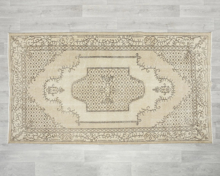 Beige Turkish Oushak Rug 6'9" x 3'9" Hand-Knotted | No. VR64995