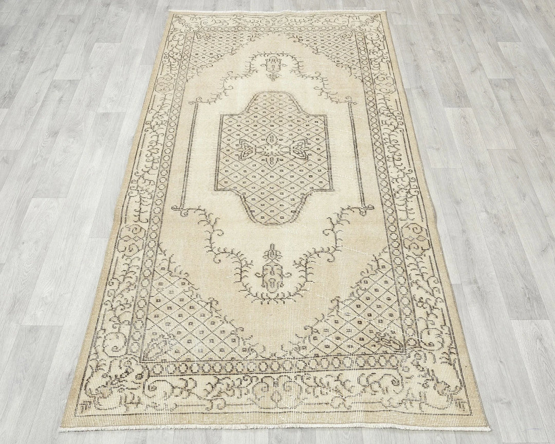 Beige Turkish Oushak Rug 6'9" x 3'9" Hand-Knotted | No. VR64995