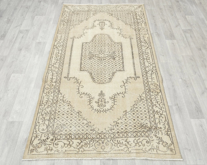 Beige Turkish Oushak Rug 6'9" x 3'9" Hand-Knotted | No. VR64995
