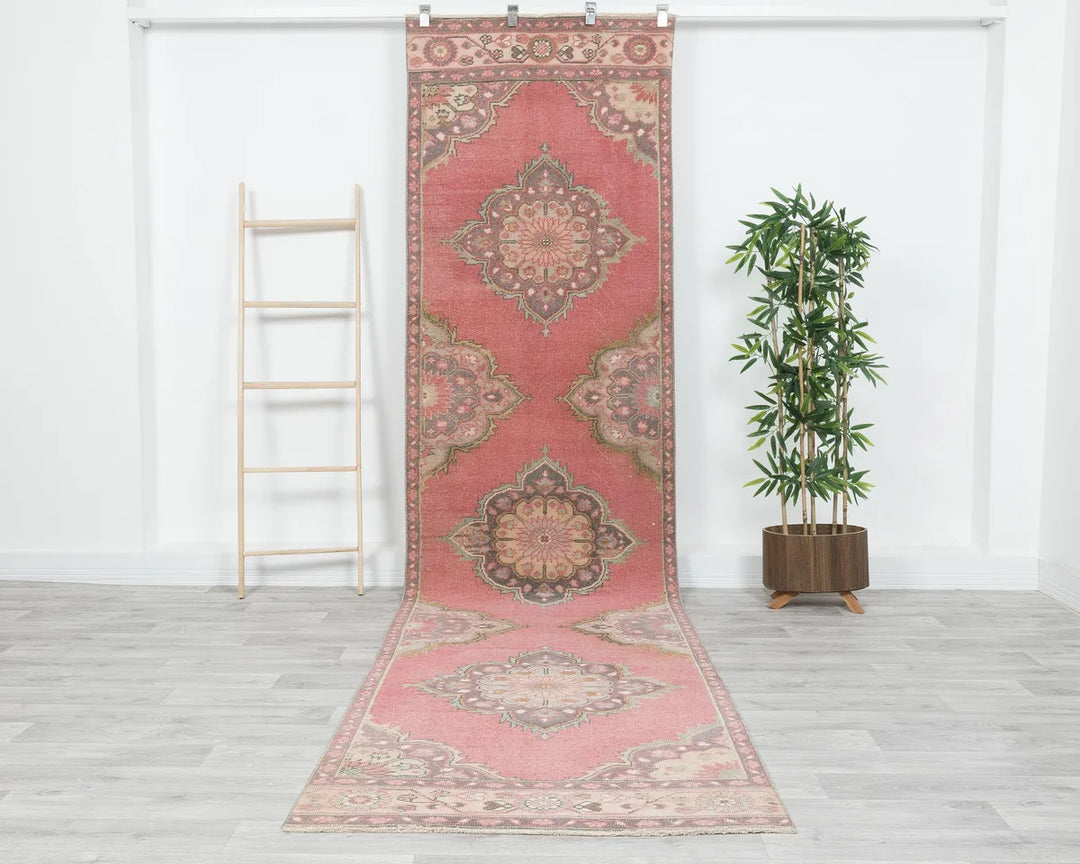 Pink Turkish Oushak Rug 3' 2" x 12' 5" Hand-Knotted | No. VR65165