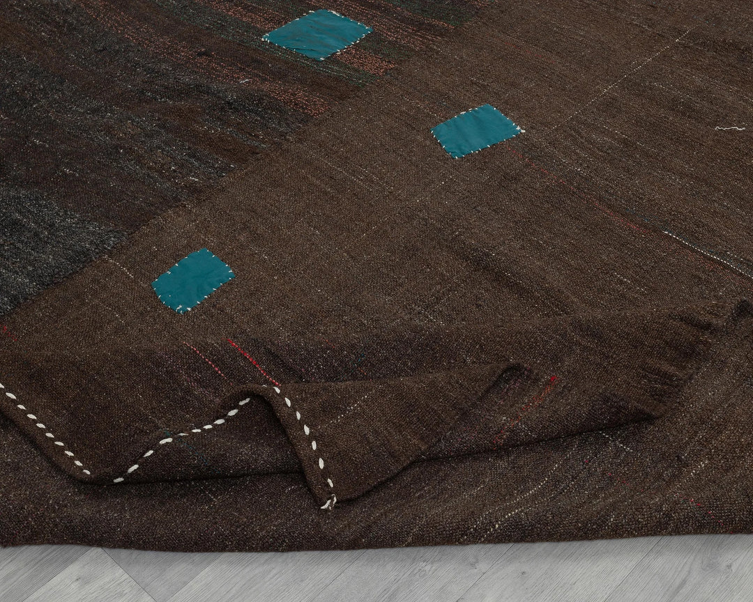 Brown Turkish Kilim Rug 8' 10" x 11' 10" Flat-Weave field