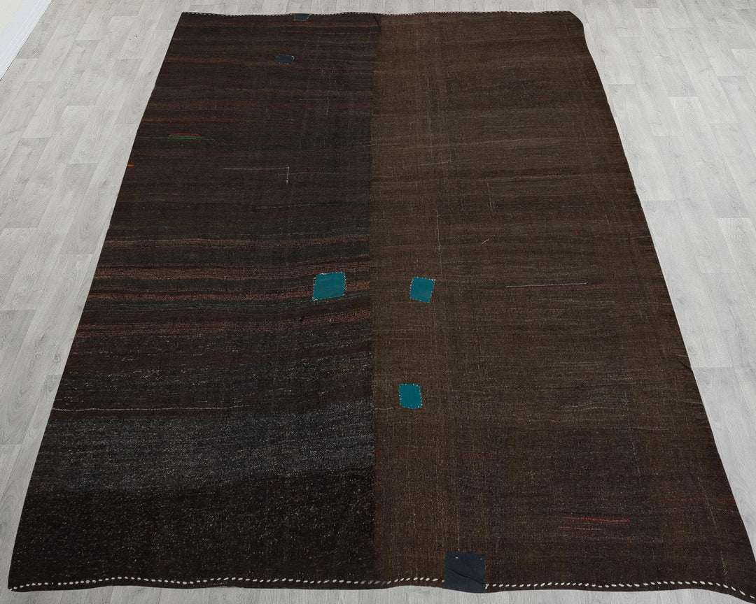 Brown Turkish Kilim Rug 8' 10" x 11' 10" Flat-Weave reverse