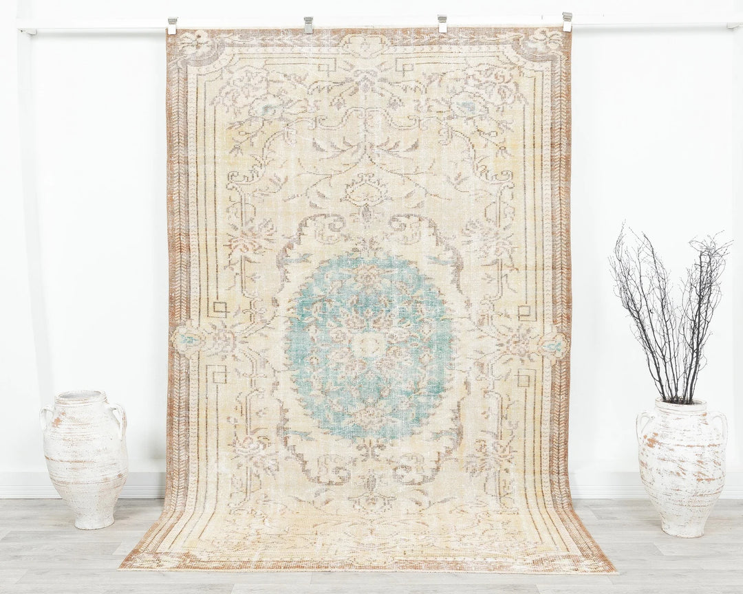 Beige Turkish Oushak Rug 5' 7" x 8' 10" Hand-Knotted | No. VR68335