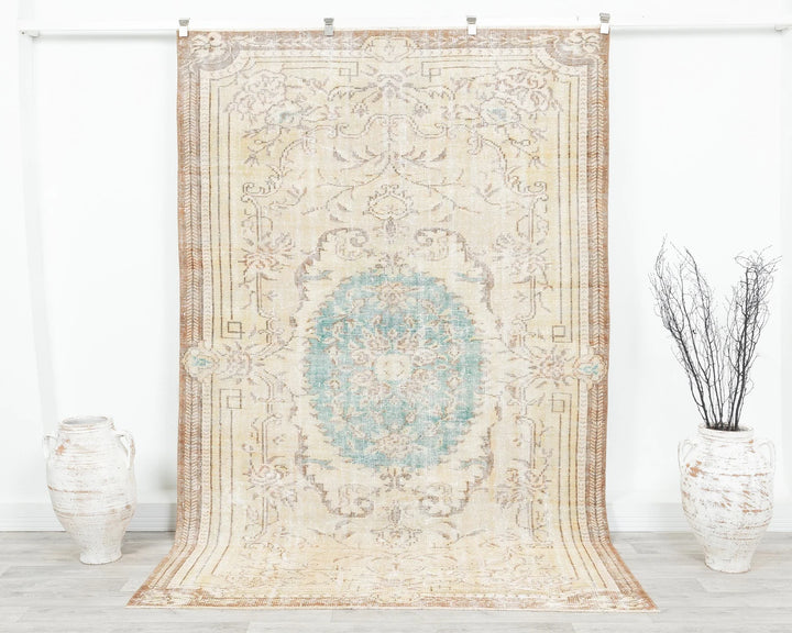 Beige Turkish Oushak Rug 5' 7" x 8' 10" Hand-Knotted | No. VR68335