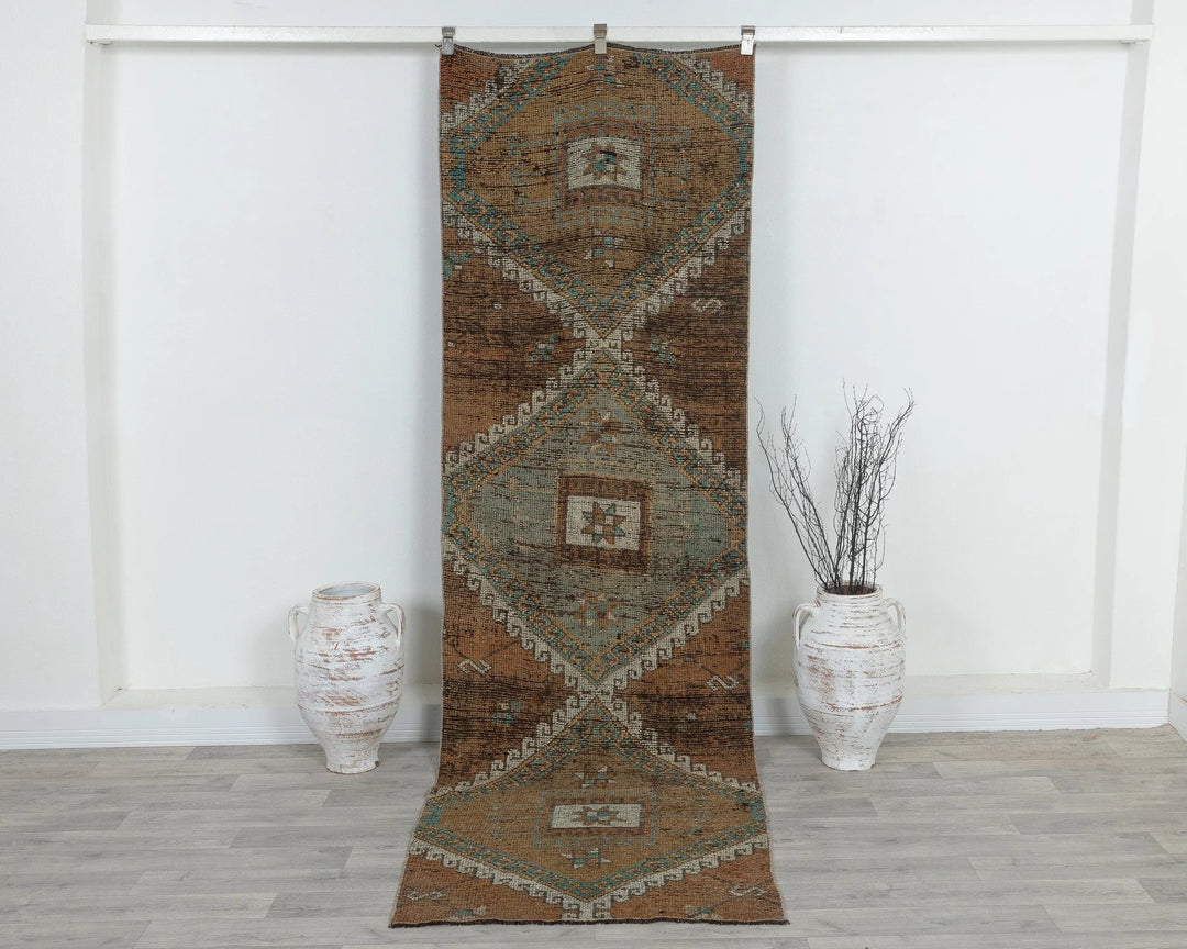 Brown Turkish Oushak Rug 2'11" x 9'8" Hand-Knotted